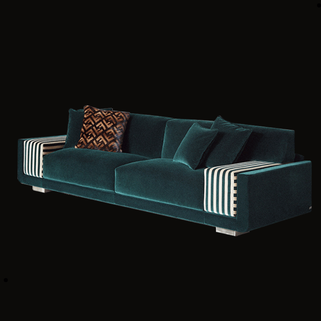 Luxurious Emerald Green Velvet Sofa with Striped Armrest Detailing - Provance Decoration