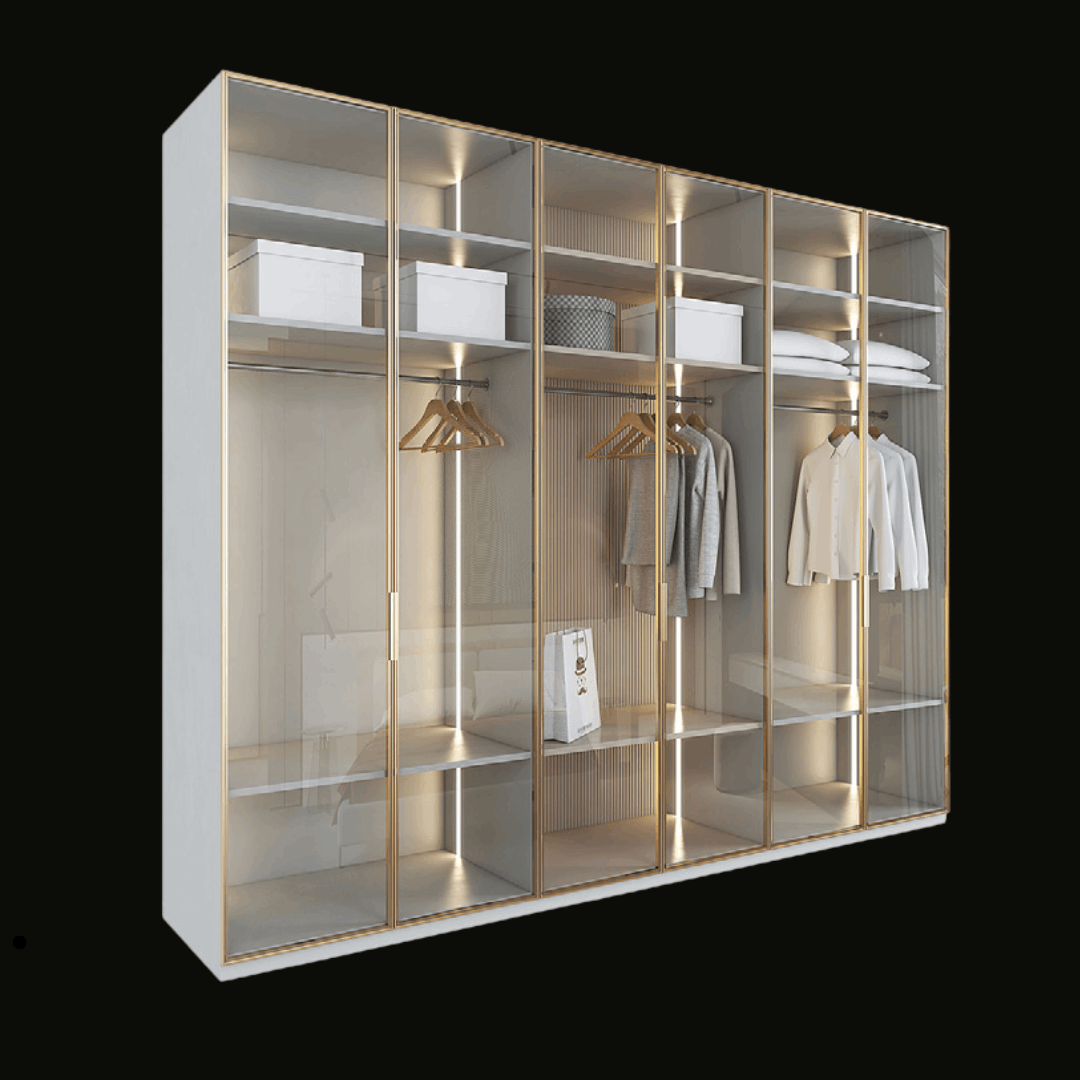 Luxury Glass Wardrobe with Gold Frame and LED Lighting - Handcrafted Modern Closet - Provance Decoration