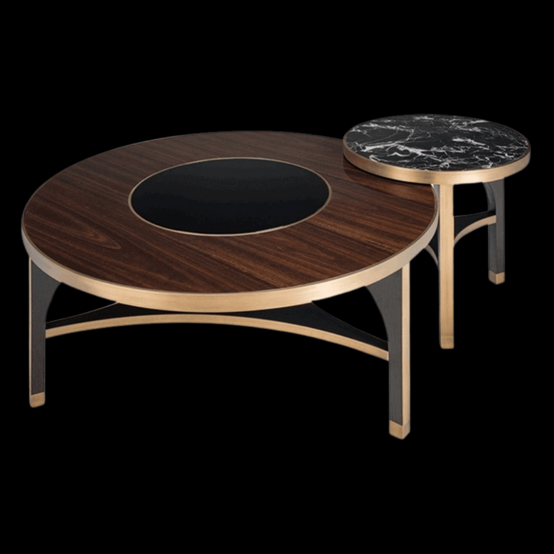Luxury Two-Tier Round Coffee Table with Black Marble & Walnut Finish - Provance Decoration