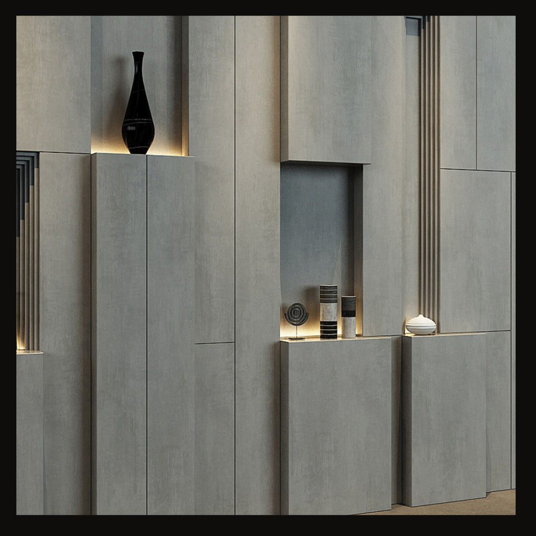 Modern Concrete-Inspired Wall Cladding with Integrated Shelves & LED Accents – WC-022 - Provance Decoration