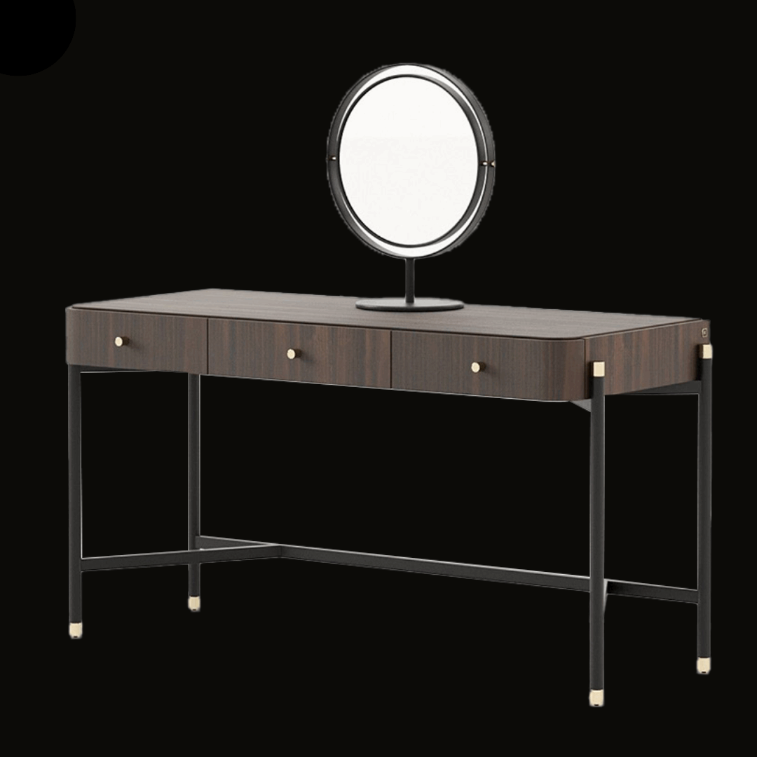 Modern Vanity Table with Circular Mirror and Wood Finish - Handcrafted Minimalist Dressing Table - Provance Decoration