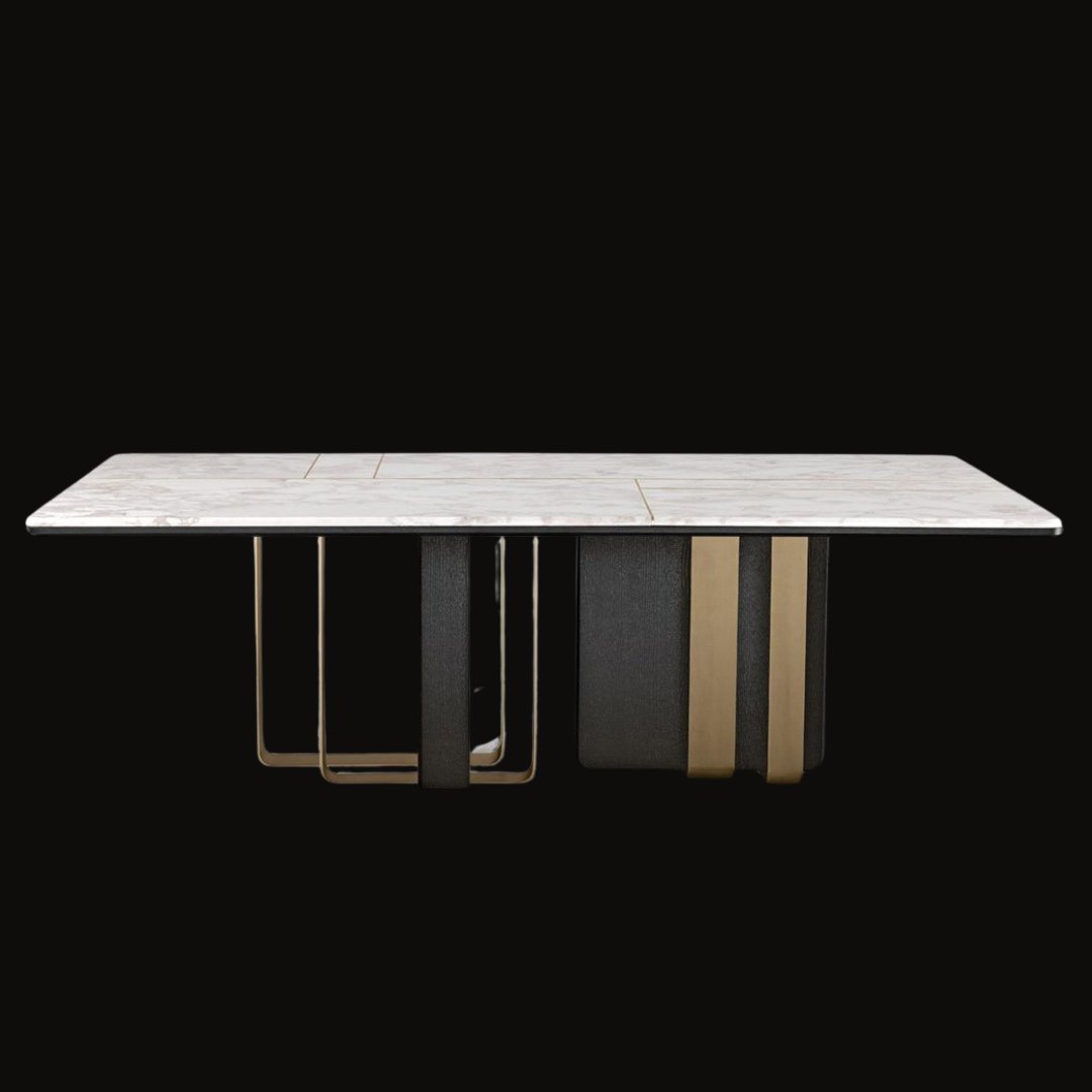 Wooden Dining Table with Marble Top and Stainless Steel Accents - Provance Decoration
