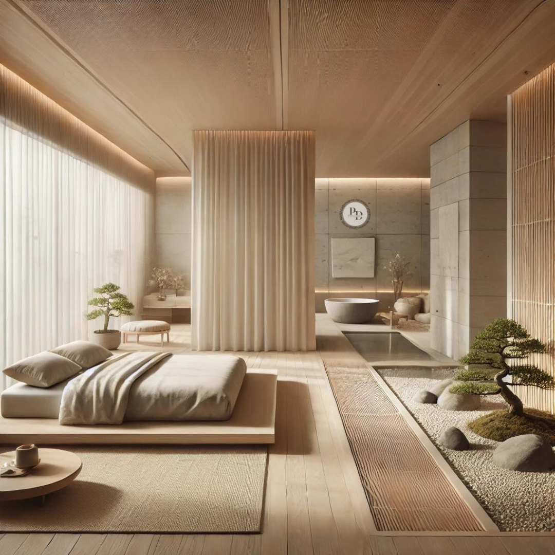 image that showcases how Zen design can create peaceful living environments in a bedroom, living room, and bathroom. The focus on natural materials and minimalism helps establish a serene and restful atmosphere, perfect for a tranquil home.