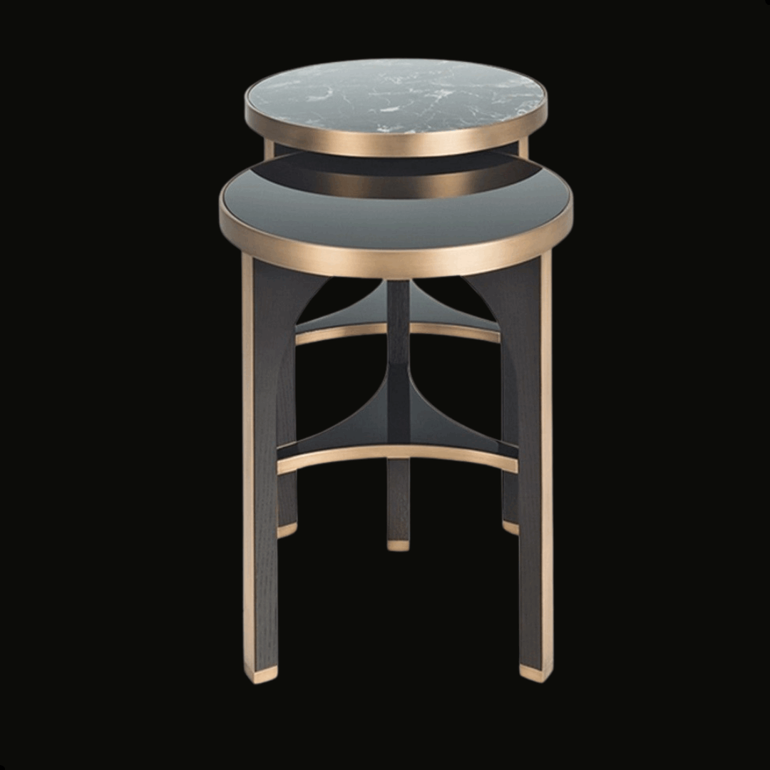 Luxury Nesting Tables with Marble & Black Glass Tops – Brushed Gold Details - Provance Decoration