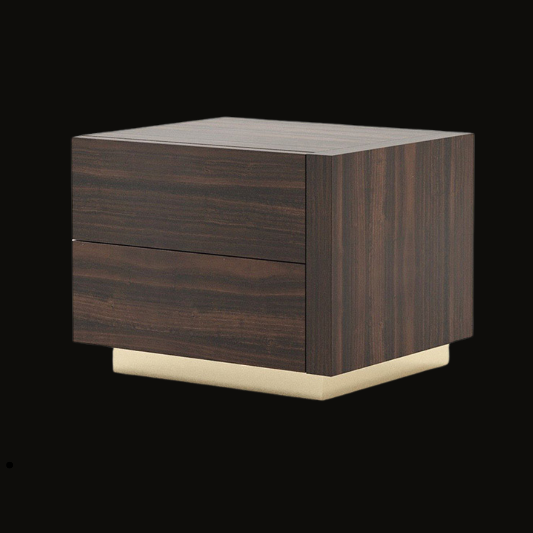 Modern Two-Drawer Night Table with Dark Wood Finish and Gold Base - Handcrafted Bedside Table