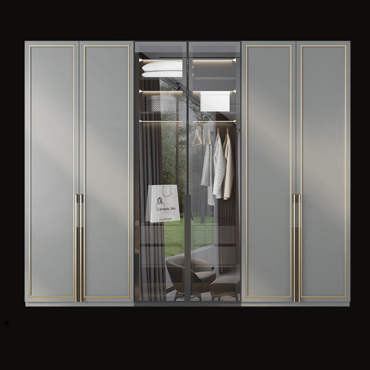 Luxury Glass Door Wardrobe with Gold Accents and LED Lighting - Handcrafted Modern Closet