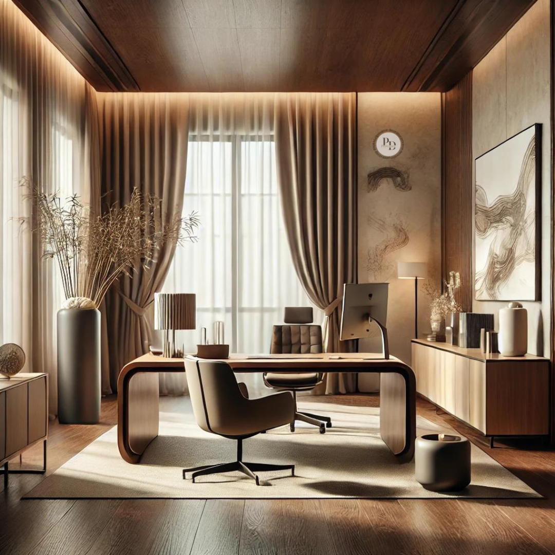  Zen-inspired office space, with a focus on elegance and abundant natural light.