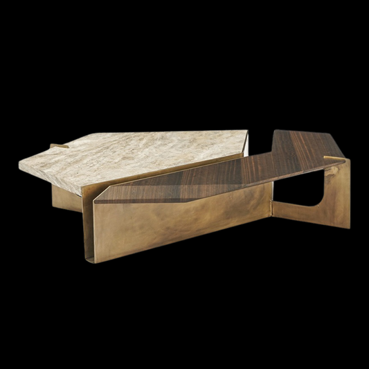 Asymmetric Bronze and Marble Coffee Table with Walnut Accent