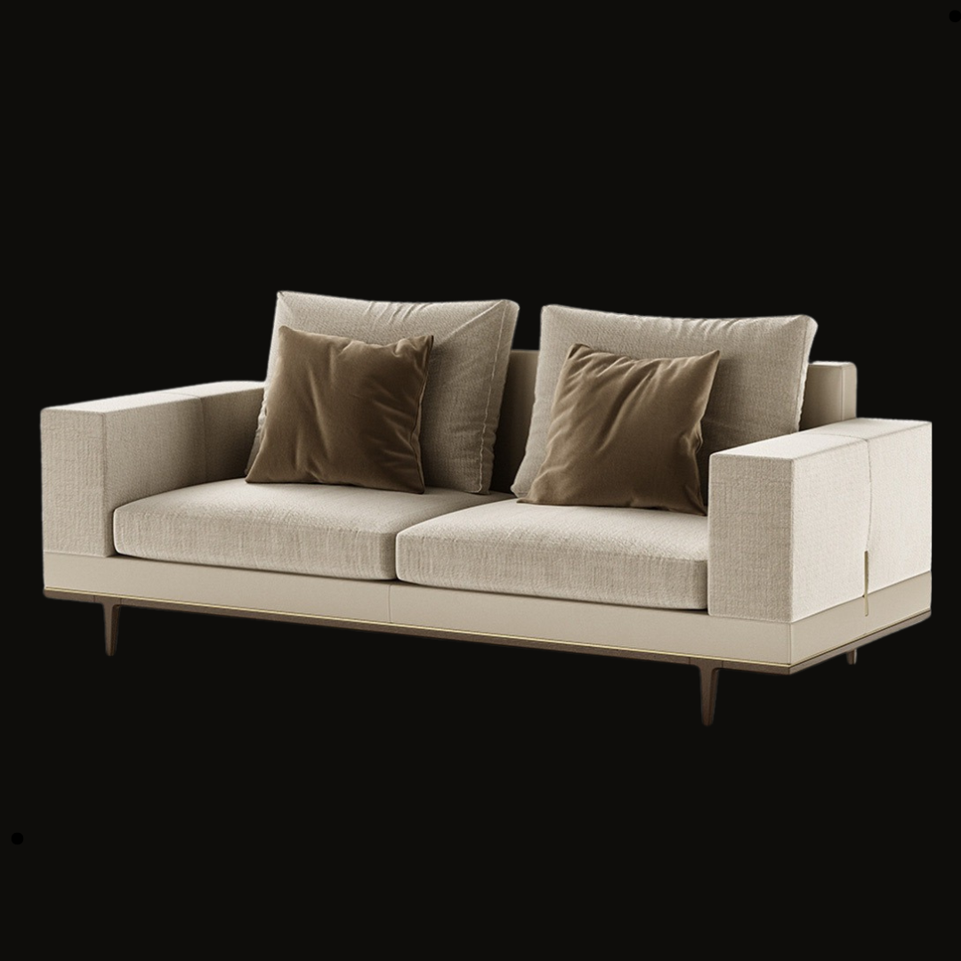 Contemporary Beige Sofa with Brown Velvet Accent Cushions