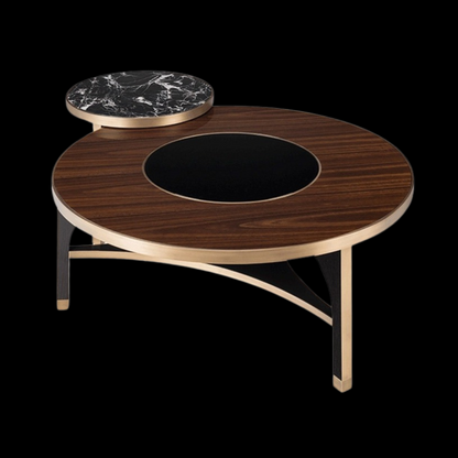 Luxury Two-Tier Round Coffee Table with Black Marble & Walnut Finish