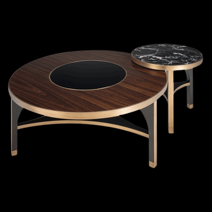 Luxury Two-Tier Round Coffee Table with Black Marble & Walnut Finish