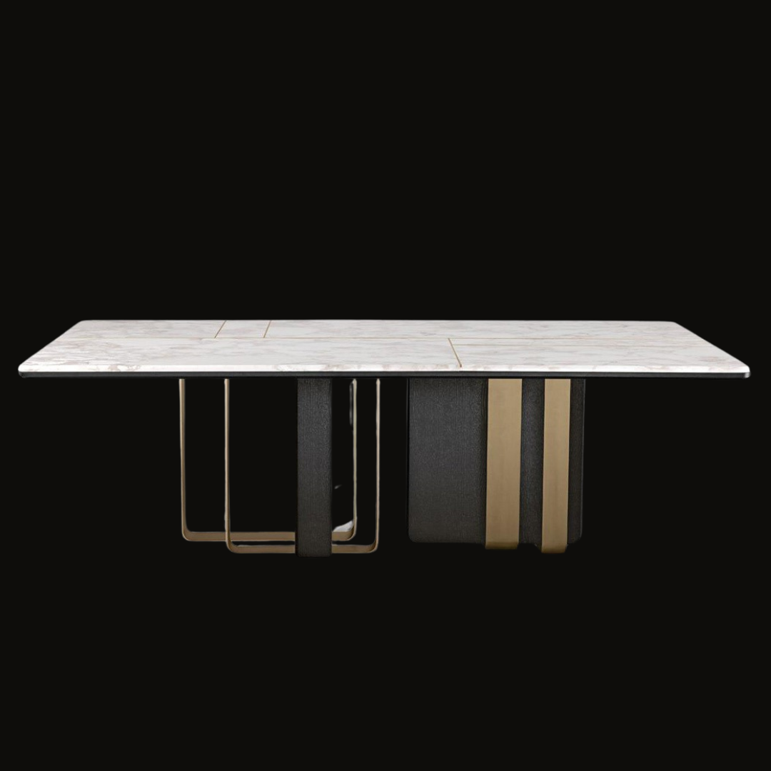 Wooden Dining Table with Marble Top and Stainless Steel Accents